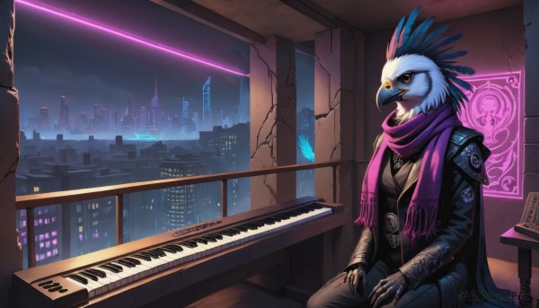 1girl,solo,breasts,gloves,long sleeves,jewelry,medium breasts,sitting,jacket,sky,black gloves,pants,indoors,fingerless gloves,scarf,black jacket,window,night,bird,feathers,building,instrument,scenery,city,music,cityscape,leather,playing instrument,skyscraper,pink scarf,piano,purple scarf,coat,animal,ring,night sky,beak,keyboard (instrument),grand piano