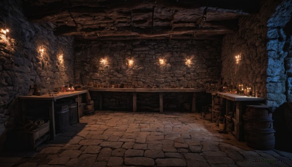 indoors,no humans,night,chair,table,scenery,wooden floor,stairs,light,candle,dark,wall,brick wall,barrel,candlestand,chandelier,stone floor,stone wall,fireplace,crate,weapon,sword,bottle,fantasy,door,bar (place),treasure chest,wood