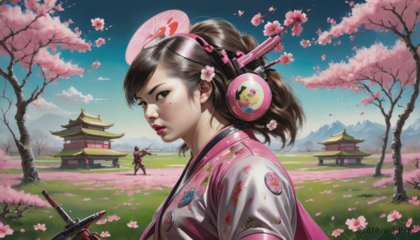 1girl,solo,looking at viewer,brown hair,hair ornament,brown eyes,upper body,ponytail,weapon,flower,outdoors,parted lips,japanese clothes,sky,day,sword,cloud,hair flower,kimono,tree,blue sky,lips,petals,makeup,headphones,umbrella,facial mark,floral print,katana,grass,lipstick,cherry blossoms,sheath,hand fan,mountain,realistic,nose,red lips,whisker markings,facepaint,pink kimono,architecture,badge,east asian architecture,pagoda,black hair,black eyes,scenery,sheathed,field