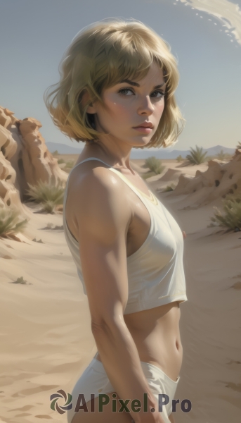 1girl,solo,breasts,looking at viewer,short hair,bangs,blonde hair,navel,bare shoulders,brown eyes,closed mouth,underwear,standing,panties,cowboy shot,small breasts,outdoors,sky,shorts,day,midriff,white panties,from side,blue sky,lips,crop top,underwear only,tank top,freckles,realistic,nose,sand,desert,nipples,covered nipples,looking to the side,sunlight,thick eyebrows,rock,mountain,cliff