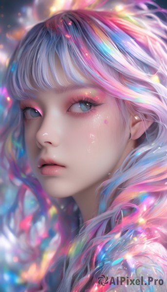 1girl,solo,long hair,looking at viewer,bangs,blue eyes,closed mouth,blue hair,pink hair,multicolored hair,parted lips,blurry,lips,eyelashes,makeup,depth of field,blurry background,portrait,light particles,close-up,eyeshadow,pink lips,realistic,nose,eyeliner,colorful,mascara,white hair,artist name,blunt bangs,looking to the side,grey eyes,watermark,web address