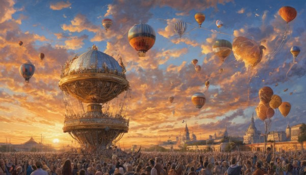 weapon,outdoors,multiple boys,sky,day,cloud,blue sky,no humans,bird,sunlight,cloudy sky,building,scenery,flying,6+boys,sunset,city,aircraft,fantasy,sun,flag,balloon,castle,tower,crowd,banner,people,ferris wheel,6+others,airship,signature,armor,helmet,floating,orange sky