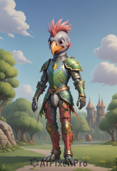 solo,looking at viewer,1boy,standing,full body,male focus,red hair,outdoors,sky,day,artist name,cloud,armor,tree,blue sky,mask,bird,grass,shoulder armor,gauntlets,pauldrons,breastplate,greaves,castle,knight,full armor,plate armor,flower,boots,no humans,feathers,armored boots,chicken,beak