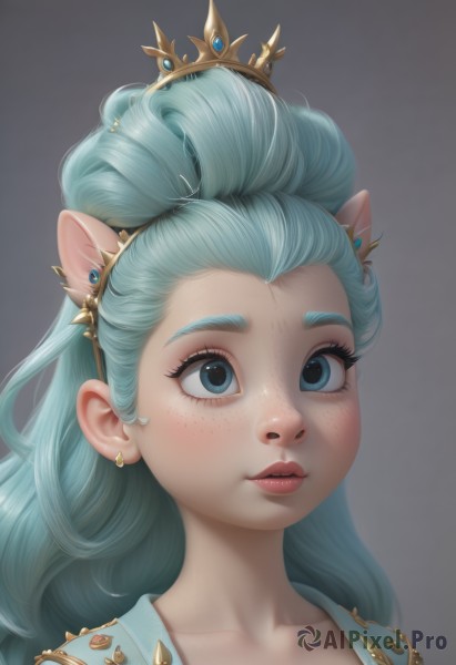 1girl,solo,long hair,blue eyes,simple background,animal ears,jewelry,closed mouth,blue hair,collarbone,earrings,pointy ears,grey background,lips,eyelashes,aqua hair,makeup,tiara,crown,portrait,forehead,freckles,hair pulled back,looking at viewer,bangs,green hair,artist name,extra ears,realistic,nose