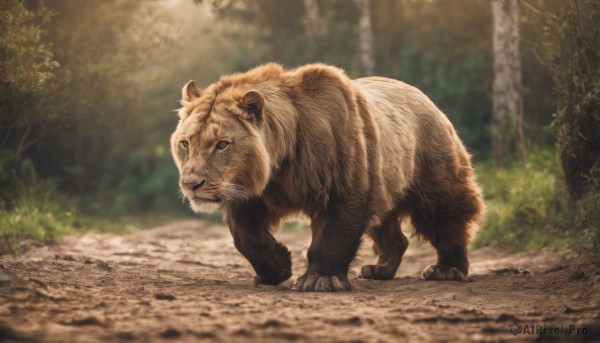 solo,looking at viewer,closed mouth,full body,outdoors,day,blurry,tree,no humans,depth of field,blurry background,animal,nature,claws,forest,realistic,animal focus,lion,standing,signature