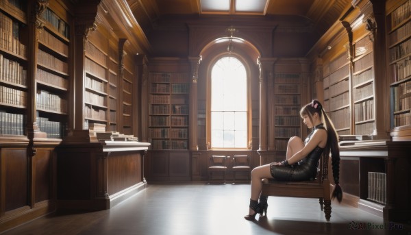 1girl,solo,long hair,breasts,bangs,brown hair,black hair,hair ornament,dress,bare shoulders,twintails,jewelry,sitting,very long hair,braid,barefoot,sleeveless,day,socks,indoors,dark skin,black footwear,black dress,twin braids,from side,dark-skinned female,book,bare arms,window,single braid,profile,sleeveless dress,chair,table,sunlight,scenery,knee up,light rays,bookshelf,toeless legwear,wide shot,book stack,library,closed eyes,high heels