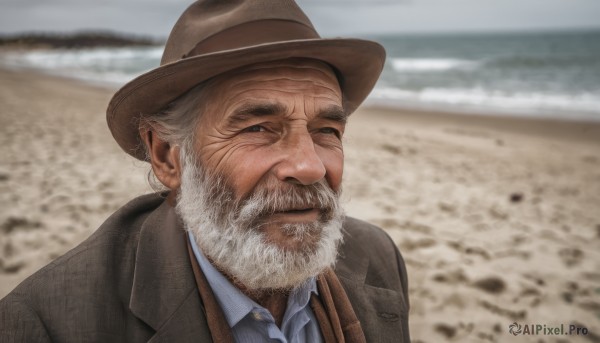 solo,looking at viewer,shirt,1boy,hat,closed mouth,jacket,white shirt,upper body,white hair,grey hair,male focus,outdoors,day,collared shirt,blurry,blurry background,facial hair,beach,blue shirt,portrait,beard,brown jacket,mature male,realistic,mustache,sand,brown headwear,manly,old,old man,cowboy hat,photo background,desert,cowboy western,wrinkled skin,blue eyes,parted lips,necktie,water,lips,coat,black jacket,depth of field,ocean,scar,parody,meme,brown coat,shore