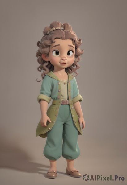 1girl,solo,long hair,looking at viewer,smile,simple background,brown hair,shirt,hair ornament,brown eyes,closed mouth,standing,full body,ponytail,shoes,belt,pants,lips,coat,buttons,shadow,brown footwear,thick eyebrows,child,freckles,brown background,curly hair,arms at sides,female child,brown belt,green pants,collarbone,open clothes,artist name,dark skin,grey background,flat chest,dark-skinned female,wavy hair,green coat