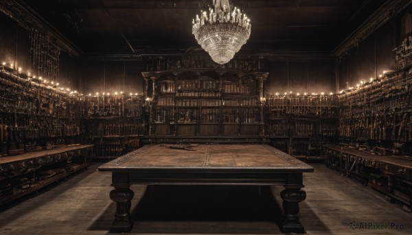 indoors,book,no humans,chair,table,building,scenery,city,bookshelf,light,library,ceiling,bar (place),ceiling light,chandelier,stairs,fantasy,candle,dark