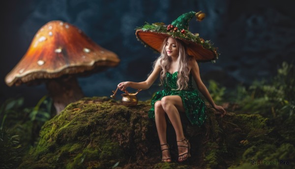 1girl,solo,long hair,breasts,hat,dress,bare shoulders,sitting,white hair,outdoors,nail polish,blurry,high heels,tree,lips,strapless,makeup,witch hat,depth of field,blurry background,looking away,sandals,lipstick,nature,strapless dress,forest,toenails,green dress,toenail polish,red lips,witch,mushroom,blue eyes,jewelry,flower,bell,leaf,plant,realistic,watering can