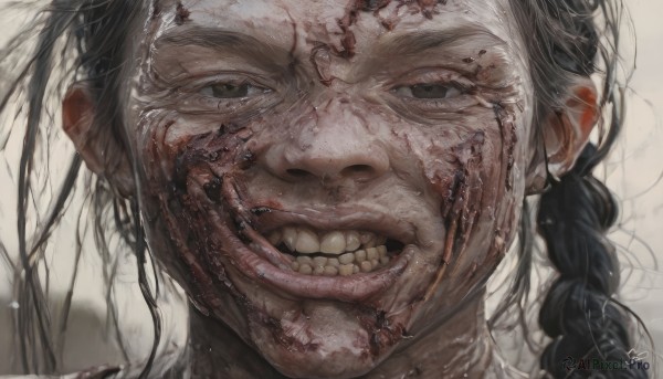 1girl,solo,long hair,looking at viewer,smile,open mouth,simple background,black hair,brown eyes,braid,teeth,signature,black eyes,blood,portrait,close-up,realistic,horror (theme),1boy,male focus,tongue,artist name,grin,messy hair,blood on face