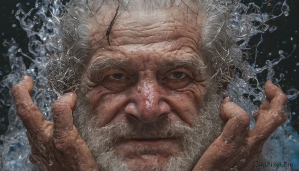 solo,looking at viewer,1boy,white hair,male focus,water,black eyes,facial hair,scar,black background,portrait,beard,close-up,water drop,realistic,mustache,old,splashing,old man,wrinkled skin,closed mouth,grey hair,veins,manly