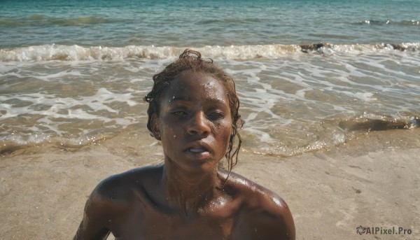 solo,looking at viewer,brown hair,1boy,brown eyes,collarbone,yellow eyes,upper body,male focus,outdoors,parted lips,teeth,day,dark skin,water,lips,wet,ocean,beach,dark-skinned male,topless male,realistic,sand,wet hair,waves,very dark skin,photo background,shore,dreadlocks,1girl,short hair,nude,shiny,dark-skinned female,shiny skin,shadow,portrait