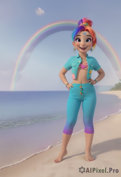 1girl,solo,breasts,looking at viewer,smile,open mouth,simple background,white background,navel,jewelry,standing,full body,purple hair,multicolored hair,earrings,small breasts,outdoors,open clothes,sky,barefoot,teeth,day,midriff,pants,cloud,dark skin,water,necklace,nail polish,bracelet,two-tone hair,dark-skinned female,blue sky,no humans,makeup,shadow,ocean,beach,ring,toenails,hands on hips,hoop earrings,rainbow,capri pants,shirt,hair ornament,brown eyes,blue hair,ponytail,pink hair,short sleeves,star (symbol),toes,piercing,scrunchie,lipstick,eyeshadow,rainbow hair