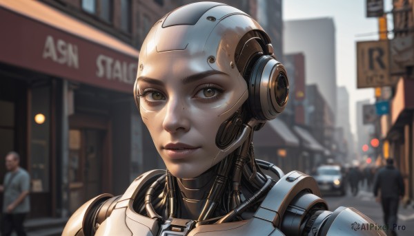 1girl,looking at viewer,brown eyes,closed mouth,outdoors,solo focus,blurry,lips,depth of field,blurry background,robot,building,portrait,freckles,science fiction,city,sign,realistic,nose,android,road,bald,cyborg,street,cyberpunk,humanoid robot,short hair,multiple boys,ground vehicle,motor vehicle,close-up,car,joints,very short hair,robot joints