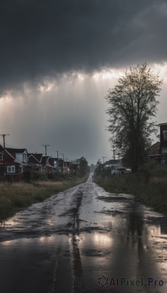 outdoors,sky,day,cloud,water,tree,no humans,sunlight,cloudy sky,grass,building,nature,scenery,forest,reflection,light rays,fence,road,architecture,sunbeam,house,bridge,power lines,puddle,window,lamppost,bare tree,river,utility pole,grey sky