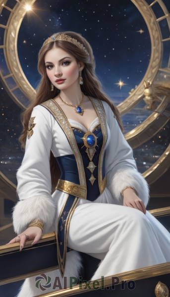 1girl,solo,long hair,breasts,looking at viewer,smile,brown hair,long sleeves,dress,cleavage,brown eyes,jewelry,medium breasts,sitting,earrings,sky,necklace,white dress,lips,fur trim,makeup,night,ring,tiara,gem,star (sky),pendant,starry sky,gold trim,braid,parted lips,bracelet,crown,lipstick,corset,realistic,white coat,red lips