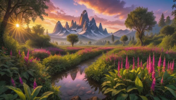 A majestic sunset outdoors featuring a landscape