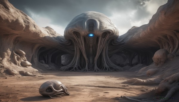 blue eyes,outdoors,sky,cloud,no humans,glowing,helmet,cloudy sky,scenery,monster,rock,realistic,sand,alien,desert,dust,day,glowing eyes,tentacles,science fiction,skull