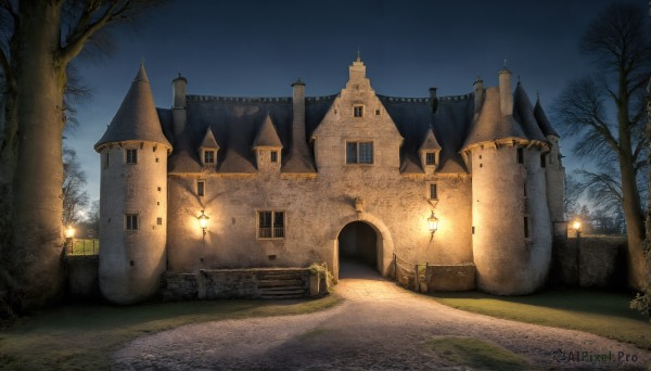 HQ,outdoors,sky,signature,tree,no humans,window,night,grass,building,night sky,scenery,stairs,door,road,house,lamppost,bare tree,path,church,lantern,fantasy,castle,tower,arch