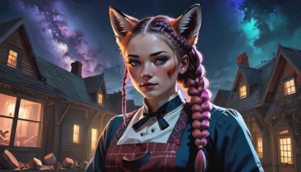 1girl,solo,long hair,looking at viewer,blue eyes,ribbon,animal ears,jewelry,upper body,pink hair,braid,multicolored hair,earrings,outdoors,sky,cloud,cat ears,apron,two-tone hair,lips,window,single braid,makeup,night,scar,facial mark,building,star (sky),night sky,eyeshadow,starry sky,nose,stud earrings,house,smile,brown hair,shirt,hair ornament,bow,closed mouth,white shirt,purple hair,mole,twin braids,official alternate costume,neck ribbon,wolf ears,extra ears,freckles,red lips