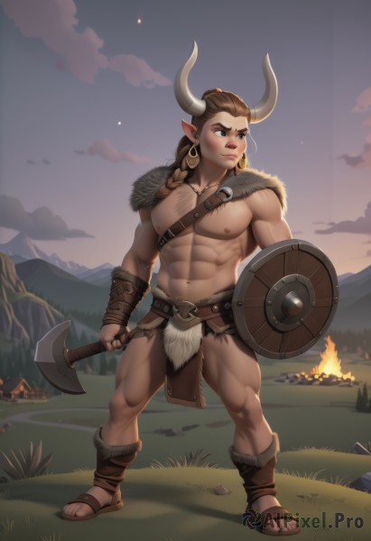 solo,long hair,blush,brown hair,1boy,navel,holding,jewelry,nipples,standing,full body,weapon,braid,male focus,thighs,earrings,outdoors,horns,sky,pointy ears,stomach,holding weapon,looking to the side,fur trim,pubic hair,single braid,muscular,facial hair,thick thighs,abs,sandals,thick eyebrows,grass,pectorals,muscular male,bara,pelvic curtain,beard,large pectorals,bulge,topless male,shield,hoop earrings,mature male,cow horns,axe,leather,bare pectorals,chest hair,loincloth,navel hair,holding shield,holding axe,cow boy,1girl,blue eyes,belt,lips,brown footwear,fire,genderswap,male pubic hair,sunset,mountain,long braid,mountainous horizon