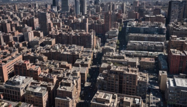 outdoors,sky,tree,no humans,window,from above,building,scenery,city,cityscape,skyscraper,rooftop,road,real world location