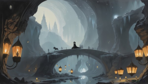 1girl,solo,sitting,standing,outdoors,sky,water,from behind,tree,night,glowing,animal,cat,scenery,1other,lantern,stairs,mountain,fantasy,railing,silhouette,facing away,bridge,waterfall,ambiguous gender,fog,cliff,cave,moon,cloak,light,multiple others,2others