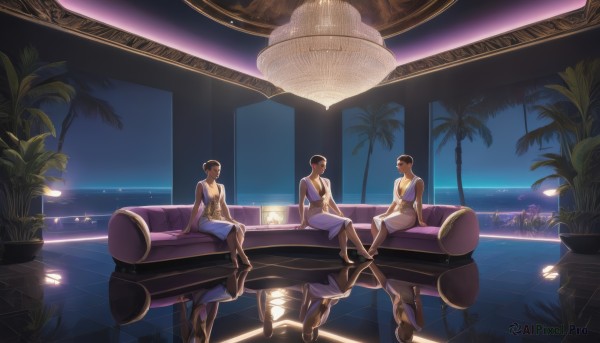 looking at viewer,smile,short hair,multiple girls,brown hair,black hair,hair ornament,dress,brown eyes,jewelry,sitting,male focus,multiple boys,sky,indoors,3girls,water,necklace,hair bun,tree,window,night,ocean,single hair bun,crossed legs,3boys,plant,night sky,scenery,couch,reflection,palm tree,potted plant,lamp,wide shot,palm leaf,breasts,large breasts,2girls,cleavage,medium breasts,barefoot,sleeveless,dark skin,white dress,bracelet,dark-skinned female,cup,sideboob,armlet,pool,very short hair,poolside,egyptian,rug