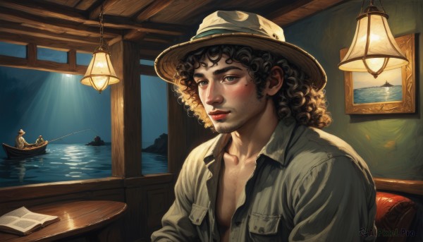 solo,looking at viewer,blush,short hair,shirt,black hair,1boy,hat,brown eyes,sitting,collarbone,upper body,male focus,parted lips,open clothes,collared shirt,indoors,water,lips,window,open shirt,night,facial hair,chair,table,beard,freckles,reflection,curly hair,pocket,lantern,realistic,lamp,breast pocket,watercraft,partially unbuttoned,chest hair,cowboy hat,boat,brown hair,multiple boys,book,light,afro