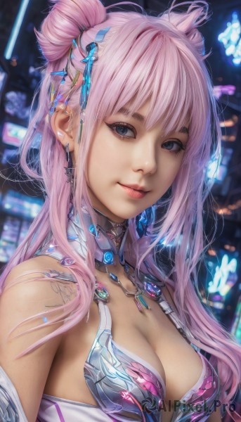 1girl,solo,long hair,breasts,looking at viewer,smile,bangs,blue eyes,hair ornament,cleavage,bare shoulders,jewelry,medium breasts,closed mouth,upper body,pink hair,earrings,necklace,hair bun,blurry,lips,double bun,blurry background,piercing,cross,ear piercing,realistic,artist name