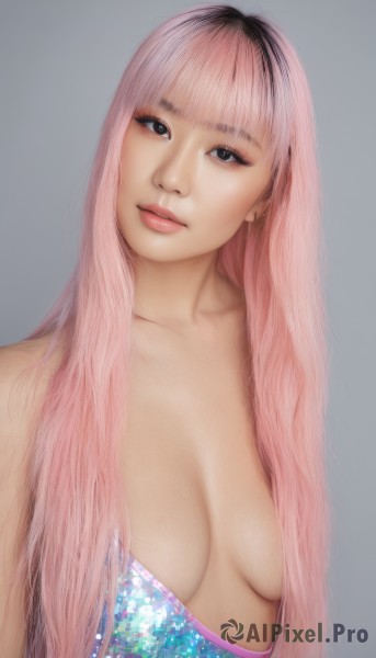 1girl,solo,long hair,breasts,looking at viewer,bangs,simple background,black hair,medium breasts,collarbone,upper body,pink hair,multicolored hair,small breasts,parted lips,blunt bangs,grey background,black eyes,two-tone hair,lips,head tilt,makeup,breasts apart,realistic,nose,hair censor,hair over breasts,topless