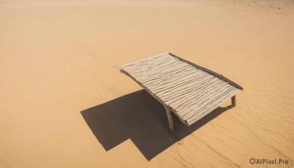 outdoors,no humans,shadow,beach,instrument,scenery,wooden floor,sand,piano,still life,desert,wood,simple background,monochrome,signature,from above,traditional media,orange background,bench