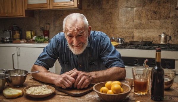 solo,smile,shirt,1boy,closed eyes,upper body,white hair,male focus,food,indoors,vest,cup,window,fruit,facial hair,table,bottle,blue shirt,beard,alcohol,sleeves rolled up,bowl,mug,realistic,mustache,basket,bald,bread,old,egg,old man,cooking,orange (fruit),kitchen,lemon,arm hair,counter,wrinkled skin,open mouth,grey hair,striped,collared shirt,blurry,grey eyes,black shirt,dress shirt,scar,knife,drinking glass,striped shirt,nose,manly,wine bottle,sleeves pushed up,sink,cutting board