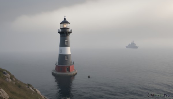 outdoors,sky,cloud,water,no humans,ocean,grass,scenery,rock,horizon,watercraft,river,ship,waves,tower,boat,smokestack,fog,cliff,lighthouse,1girl,solo,reflection,island