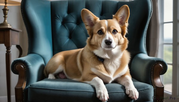 HQ,looking at viewer,brown eyes,sitting,day,indoors,collar,no humans,window,animal,chair,couch,dog,realistic,lamp,animal focus,white fur,armchair,brown fur,signature,animal collar