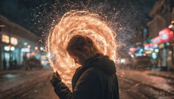 solo, short hair, long sleeves, 1boy, jacket, upper body, male focus, outdoors, hood, blurry, from side, profile, night, depth of field, blurry background, hood down, rain, fireworks