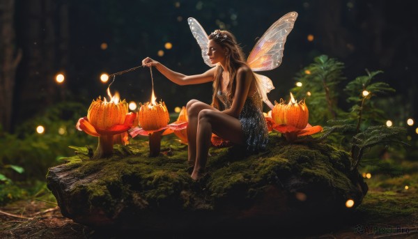 1girl,solo,long hair,breasts,brown hair,black hair,dress,holding,bare shoulders,jewelry,sitting,closed eyes,flower,outdoors,wings,barefoot,sleeveless,dark skin,necklace,blurry,dark-skinned female,tree,bare arms,bare legs,night,sleeveless dress,depth of field,blurry background,glowing,crossed legs,plant,nature,light particles,forest,lantern,fantasy,fairy wings,fairy,insect wings,fireflies,cleavage,small breasts,food,pointy ears,black dress,minigirl,butterfly wings