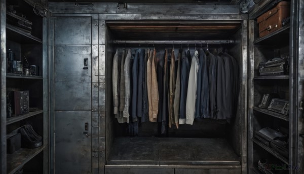 solo,shirt,jacket,indoors,book,no humans,window,box,scenery,door,still life,clothes hanger,clothes,signature,mirror,bookshelf,shelf,cabinet