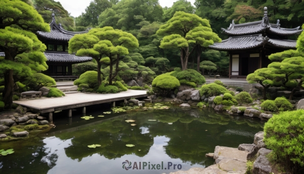 outdoors,day,water,tree,no humans,grass,building,nature,scenery,forest,reflection,rock,architecture,bridge,east asian architecture,river,shrine,lily pad,pond,stone lantern,real world location