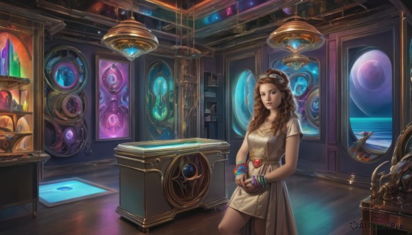 1girl,solo,long hair,looking at viewer,smile,brown hair,dress,brown eyes,jewelry,standing,short sleeves,cowboy shot,indoors,dark skin,necklace,bracelet,dark-skinned female,lips,wavy hair,table,gem,science fiction,curly hair,fantasy,bangle,brown dress,orb,breasts,blue eyes,medium breasts,closed mouth,belt,white dress,window,watermark,ring,own hands together,web address,realistic,nose,space,planet,machine