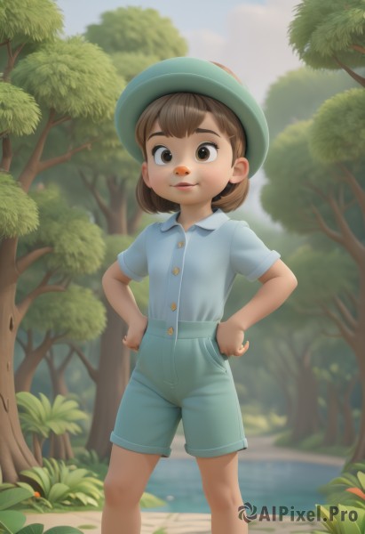 1girl,solo,looking at viewer,smile,short hair,bangs,brown hair,shirt,hat,brown eyes,closed mouth,standing,short sleeves,outdoors,sky,shorts,day,collared shirt,water,blurry,tree,feet out of frame,thick eyebrows,blue shirt,child,nature,forest,blue shorts,hands on hips,green headwear,female child,male child,green shorts,1boy,male focus