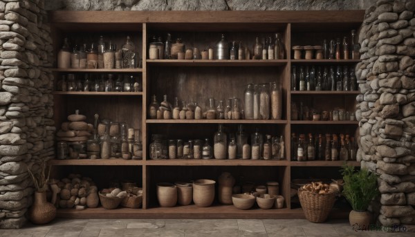 food,indoors,cup,no humans,bottle,plant,scenery,alcohol,basket,brick wall,shelf,wine bottle,jar,barrel,potted plant,wall,bar (place),flower pot