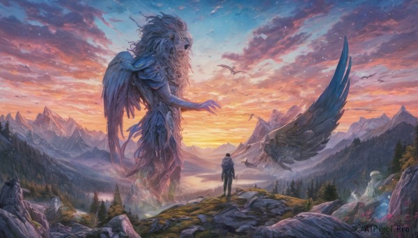 1girl,1boy,standing,jacket,outdoors,wings,sky,pants,cloud,water,bag,from behind,tree,bird,animal,backpack,cloudy sky,nature,scenery,1other,forest,sunset,monster,rock,mountain,fantasy,facing away,creature,giant,river,twilight,mountainous horizon,ambiguous gender,solo,male focus,grass,landscape