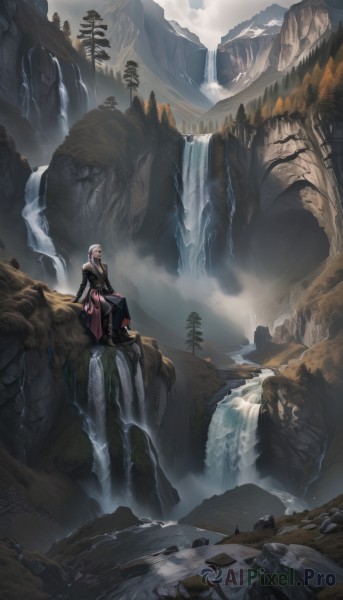 1girl,solo,short hair,long sleeves,1boy,sitting,white hair,male focus,outdoors,sky,pants,cloud,water,tree,cloudy sky,scenery,rock,mountain,wide shot,waterfall,fog,cliff,long hair,dress,boots,nature