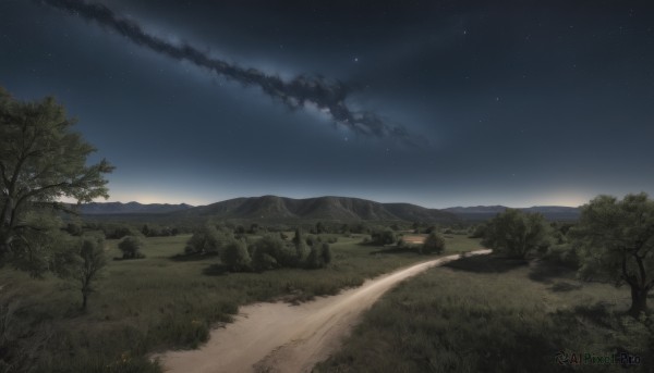 outdoors,sky,cloud,tree,no humans,night,grass,star (sky),nature,night sky,scenery,forest,smoke,starry sky,mountain,road,landscape,hill,horizon,path