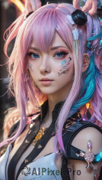 1girl,solo,long hair,breasts,looking at viewer,bangs,blue eyes,hair ornament,animal ears,cleavage,jewelry,medium breasts,closed mouth,upper body,pink hair,multicolored hair,earrings,necklace,rabbit ears,blurry,lips,eyelashes,tattoo,makeup,blurry background,facial mark,piercing,ear piercing,portrait,eyeshadow,nose,eyeliner,mascara,mechanical ears,blue hair,artist name,two-tone hair,feathers,armlet,feather hair ornament