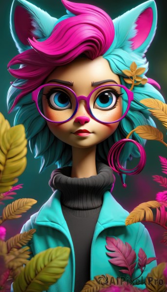 1girl,solo,looking at viewer,short hair,bangs,blue eyes,hair ornament,animal ears,closed mouth,blue hair,jacket,upper body,pink hair,flower,multicolored hair,open clothes,glasses,artist name,cat ears,hair flower,two-tone hair,sweater,open jacket,lips,gradient,gradient background,eyelashes,aqua hair,gradient hair,makeup,turtleneck,leaf,plant,lipstick,portrait,eyeshadow,freckles,pink lips,turtleneck sweater,nose,round eyewear,black sweater,blue eyeshadow,green hair,watermark,pink-framed eyewear