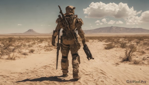 solo,1boy,holding,standing,weapon,male focus,boots,outdoors,sky,day,cloud,bag,from behind,holding weapon,armor,blue sky,gun,military,military uniform,shadow,backpack,helmet,holding gun,scenery,rifle,walking,science fiction,mountain,assault rifle,sniper rifle,soldier,desert,m4 carbine,gloves,uniform,tree,sand,holster,brown theme