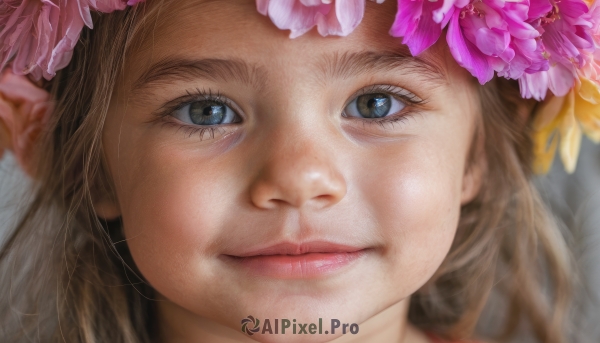 1girl,solo,long hair,looking at viewer,smile,blue eyes,brown hair,hair ornament,brown eyes,closed mouth,flower,pointy ears,hair flower,blurry,lips,eyelashes,portrait,close-up,pink flower,realistic,nose,head wreath,eye focus,depth of field